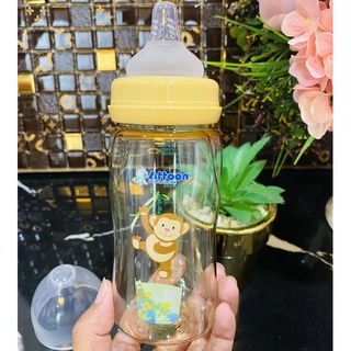 Newขวดนมคอกว้างสีชาATTOON 4zo.8zo.มาพร้อม จุกนมคุมการไหลมาตราฐานด้วยปริมาณรูป้องกันการเกิดโคลิค
