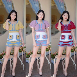 MM14982 Set เสื้อแขนพอง+กางเกงขาสั้นแต่งระบายหัวใจ	Set Puff sleeve shirt + shorts decorated with hearts