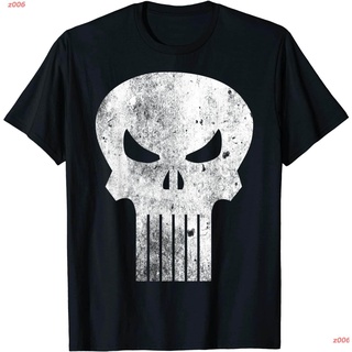 เสื้อยืดสีขาว Marvel The Punisher Classic Retro Skull Logo T-Shirt เสื้อยืดพิมลาย เสื้อผู้ชาย เสื้อยืดผูหญิง คอกลม เ