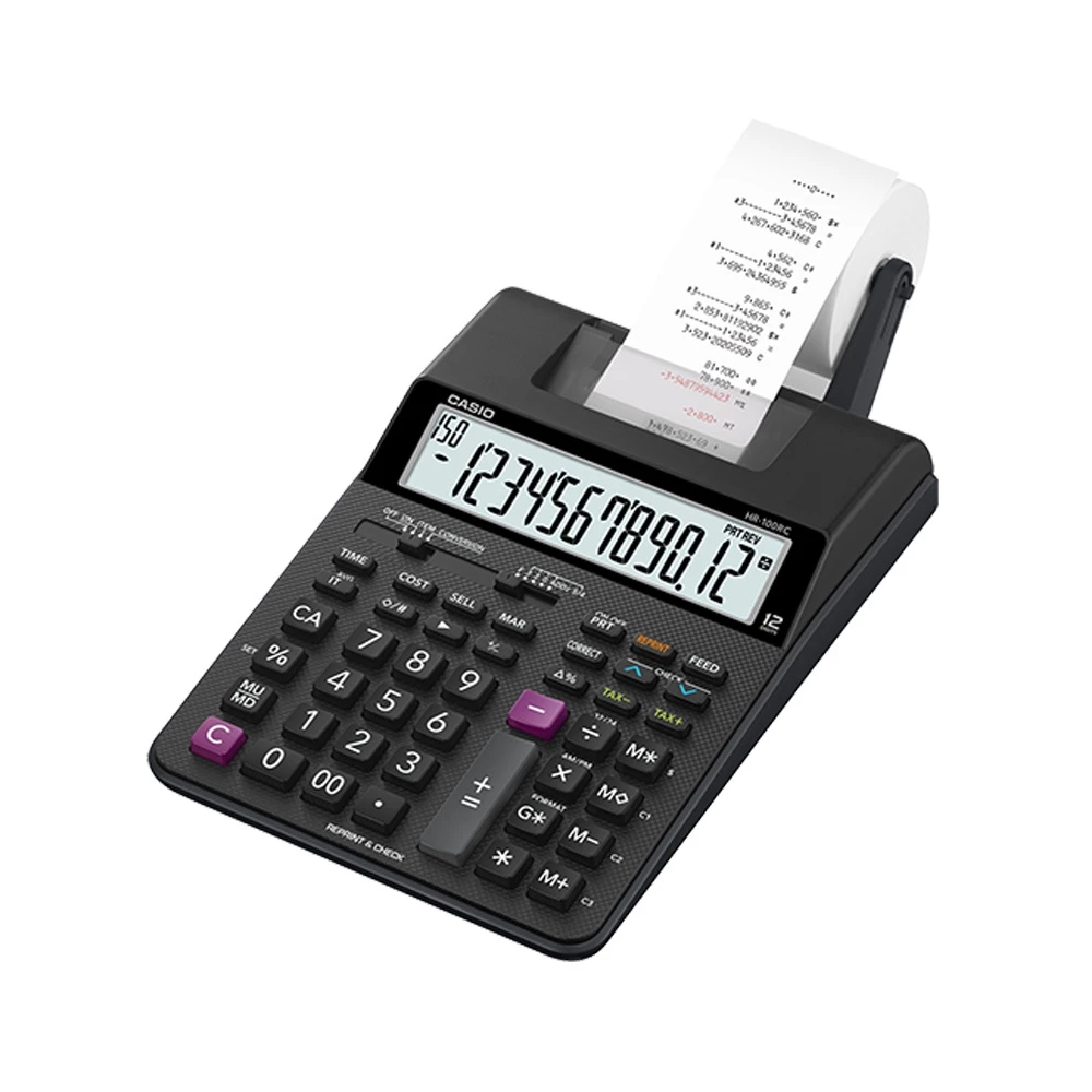 Casio Calculator เครื่องคิดเลข คาสิโอ รุ่น HR-100 RC+AD-A60024EG แบบพิมพ์กระดาษ 12 หลัก สีดำ