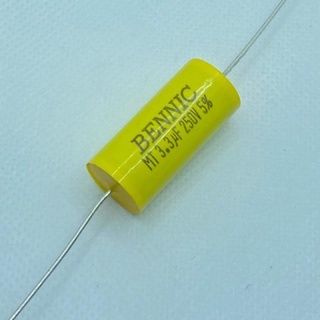 capacitor หางหนู ยี่ห้อ Bennic ค่า 3.3uF/250V. สีเหลือง