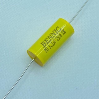 capacitor หางหนู ยี่ห้อ Bennic ค่า 3.3uF/250V. สีเหลือง