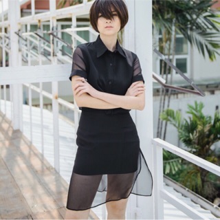 THARA - กระโปรงทรงเอ ตัดต่อผ้าชีฟอง รุ่น Layer Skirt - สี Black smoke