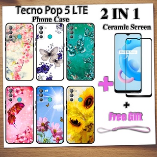 2 IN 1 Tecno Pop 5 LTE เคสโทรศัพท์ พร้อมกระจกนิรภัย เซรามิค ป้องกันหน้าจอ ฟิล์มโค้ง ผีเสื้อ