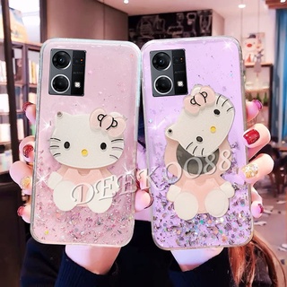 เคสโทรศัพท์มือถือแบบนิ่ม ใส ลายการ์ตูนแมวสีชมพูน่ารัก พร้อมกระจกขาตั้งวาง สําหรับ OPPO Reno7 Reno6 Z Pro A96 A76 4G 5G Reno 7 7Z 7Pro Reno 6 6Z