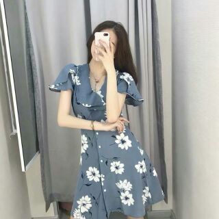 เดรสสั้นลายดอก กระดุมหน้ายาว กระดุมเปิดได้