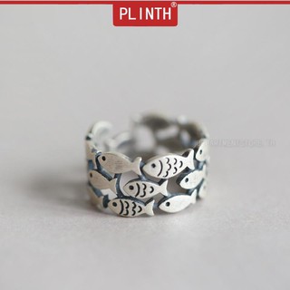 PLINTH แหวนเงินแท้ 925 วินเทจปลาหน้ากว้างเปิดปลาประจำปี788