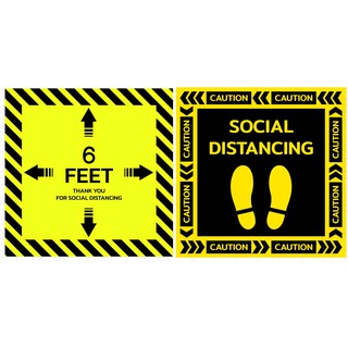 สติกเกอร์รอยเท้า เคลือบหนา เว้นระยะห่าง caution social distancing