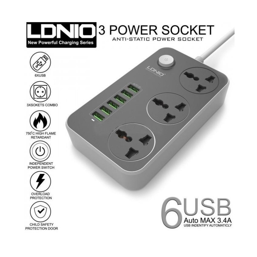 #ลดราคา ปลั๊กไฮเทค LDNIO SC3604 Power Strip with 3 AC universal Sockets + 6 USB Charger #คุณภาพดีFace Shieldสายชาร์จ USB V3สายชาร์จกล้องติดรถยนต์