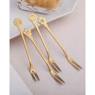 ส้อมขนม ส้อมผลไม้ ลายดอกไม้ สแตนเลส สีทอง  Flower Design Dessert Fork Gold Stainless Steel