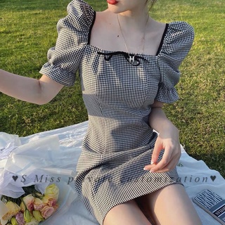 ♥S Miss Private Custom ♥【Pre-sale】Square Collar Plaid Dress Women Summer New French Sweet Skirt