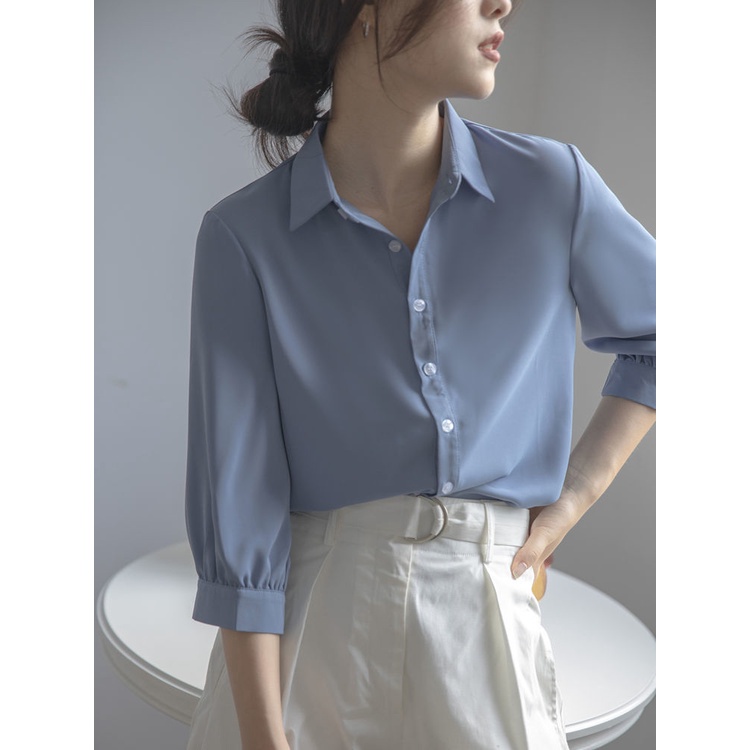 เสื้อเบลาส์ แขน 3/4 สีขาว สีฟ้า คอปกโปโล ใส่ทํางาน สํานักงาน สําหรับผู้หญิง