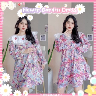 Flower Garden Dress เดรสลายดอกไม้ โทนหลากสี แขนยาว แต่งช่วงคอขาวปักสตอเบอรี่ มินิเดรส เดรสลายดอกไม้  เดรสแขนยาว งานป้าย