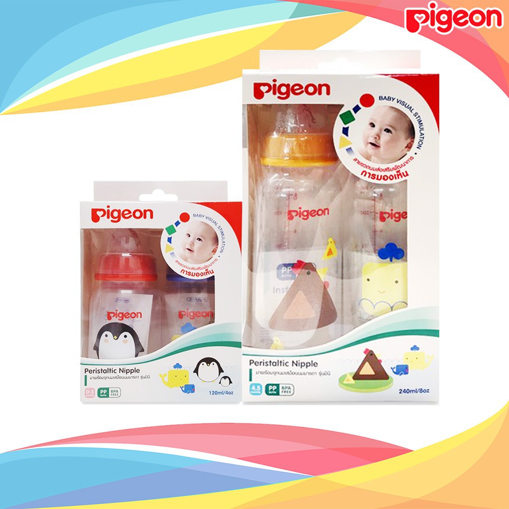 PTS ขวดนม  ขวดนมและจุกนม Pigeon  พีเจ้น คอแคบ RPP ลายพัฒนาการ 4oz. / 8oz. แพคคู่