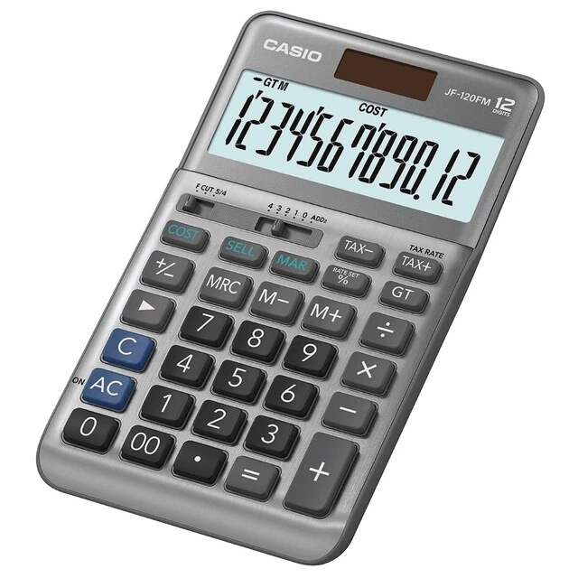 Casio Calculator เครื่องคิดเลข คาสิโอ รุ่น JF-120FM แบบตั้งโต๊ะ ดีไซน์โค้งมน 12 หลัก สีเทา