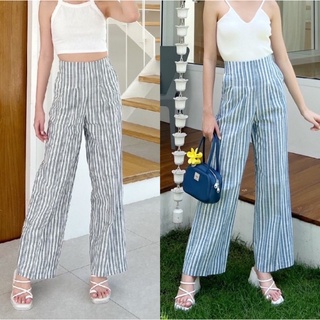 Nanta Stripes pant กางเกงขายาวเอวสูง ทรงกระบอก ลายริ้ว ผ้าลินิน ซิปหลัง