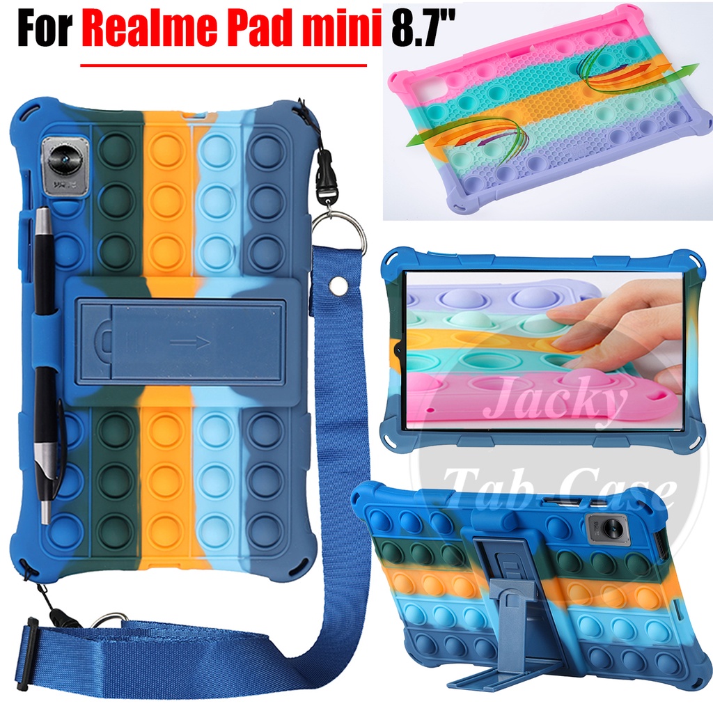 Realme Pad mini เคสแท็บเล็ต ซิลิโคนนิ่ม สีรุ้ง พร้อมสายคล้องไหล่ และสไตลัส สําหรับ Realme Pad mini 2