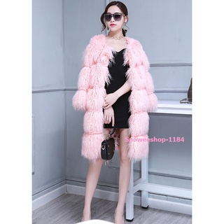 Faux Fur Coat โค้ทไฮเอน เสื้อโค้ทตัวยาวขนสัตว์ขนยาวหนานุ่มนิ่มไปทั้งตัว สีชมพูซับในหนาพร้อมกระเป๋าข้าง ใส่ติดลบได้ดี