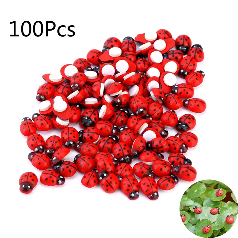 100 ชิ้น Mini ไม้ Ladybug รูปสติกเกอร์ Miniature สําหรับ Fairy Garden ตุ๊กตาตกแต่งบ้าน