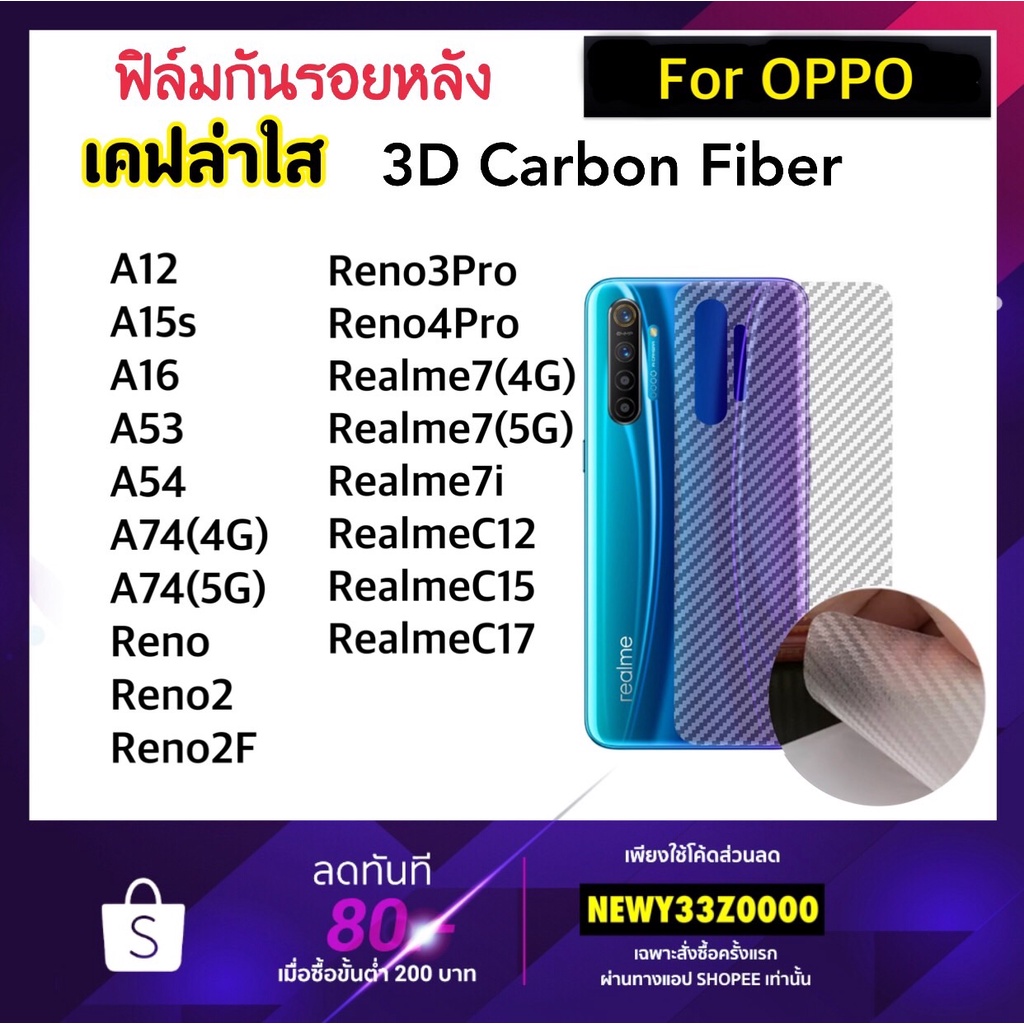 ฟิล์มหลัง Kevlar เคฟล่า OPPO A53 A54 A74 A12 A15S A16 C12 C15 C17 Realme7 Realme7i Reno Reno2 Reno2F Reno3Pro Reno4Pro