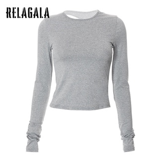 Relagala เสื้อยืด แขนยาว ทรงสลิมฟิต สีพื้น แฟชั่นสําหรับผู้หญิง