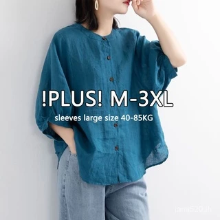 เสื้อเชิ้ตสตรีผ้าฝ้ายและผ้าลินินแขนแลนเทิร์นทรงหลวมขนาดใหญ่ Retro