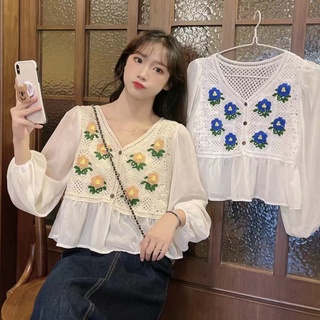 🌺สินค้าพร้อมส่ง🌺เสื้อผ้าแฟชั่นเสื้อถักไหมพรมแต่งผ้าชีฟองแขนยาวสวยหรูดูแพงGZSX41