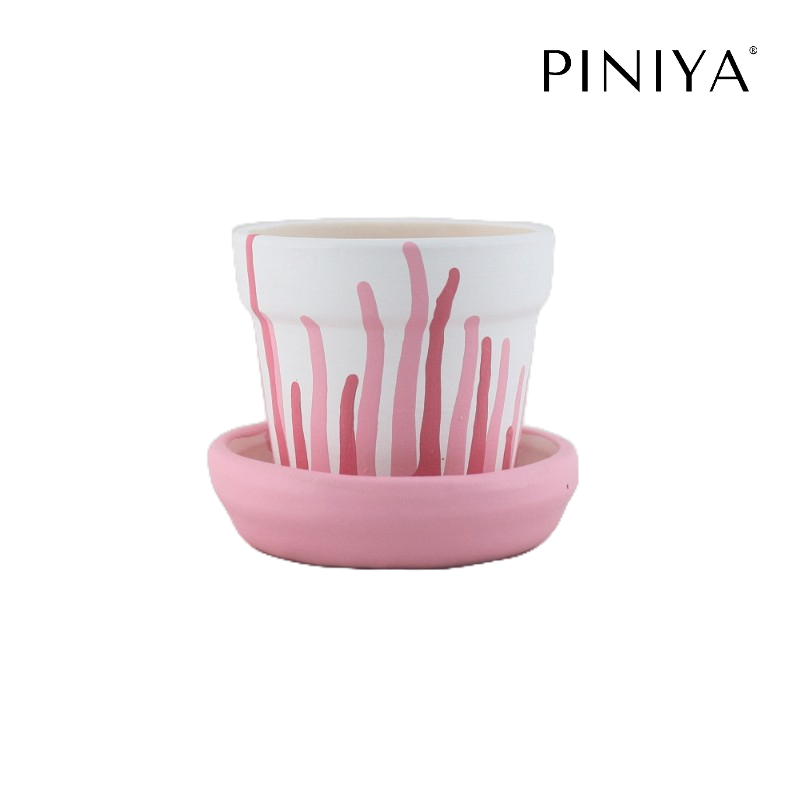 Piniya พินิยา - กระถางต้นไม้ ดินเผา รุ่น กลมเล็ก, 9ซม., ลาย Sea Coral, สี Pink (ชมพู), พร้อมจานรอง
