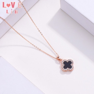 【lovelin】สร้อยคอโซ่เหล็กไทเทเนียม ชุบทอง 18K จี้ใบโคลเวอร์สี่แฉก ประดับเพชร สีโรสโกลด์ เรียบง่าย สําหรับผู้หญิง