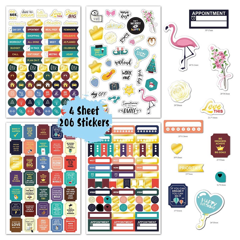 สติ๊กเกอร์สําหรับตกแต่งสมุดไดอารี่เครื่องเขียน Diy 4 แผ่น / 206 ชิ้น