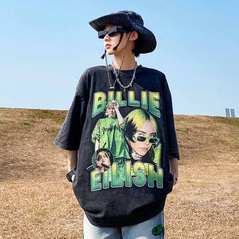 ราคาถูกที่สุด เสื้อยืดคอกลมแขนสั้นสีดำ สกรีนลายเขียว BILLIE