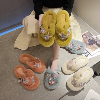 💗 ใหม่ ขนยาว รองเท้าแตะ ก้นหนา หญิง ผ้าพลัฌ น่ารัก รองเท้าแตะ รองเท้าใส่ในบ้าน（slipper）