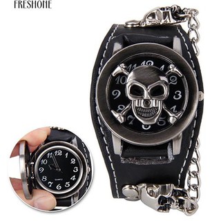 Freshone Men Black พังค์ร็อค Chain Skull Faux Leather Bracelet Cuff นาฬิกาข้อพับสไตล์โกธิค