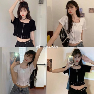 🐼Maze🖤พร้อมส่ง💗|ใหม่|✨ เสื้อครอป มีซิป ปลายเสื้อมีรูระบายเก๋ๆ🌞(83006)