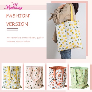 ✿ beginning ✿ กระเป๋าถือ กระเป๋าช้อปปิ้ง พิมพ์ลายผลไม้ สองด้าน ขนาดใหญ่ สําหรับผู้หญิง✿