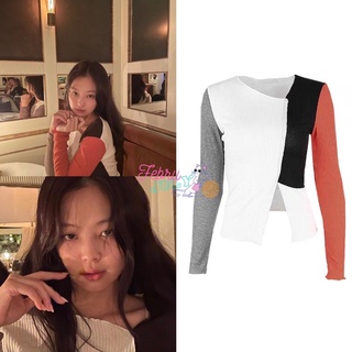 Preorder เสื้อแขนยาวไหมพรมต่อลายแบบเจนนี่ Jennie Blackpink