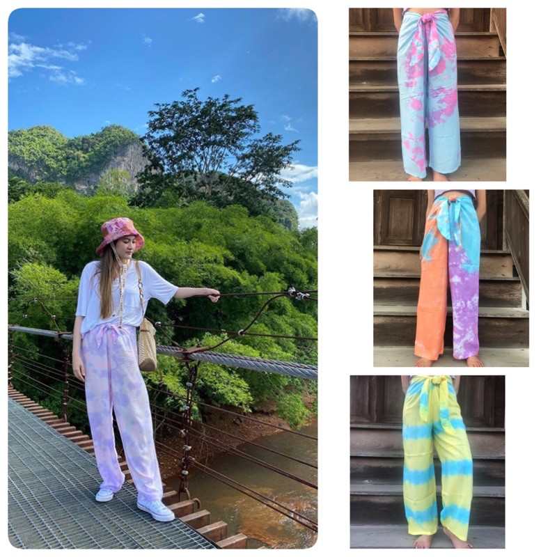 กางเกงมัดย้อม ผูกโบว์ สีพาสเทล แบบคุณมาร์กี้ ผ้าบางสวมใส่สบาย กางเกงขายาวผู้หญิง