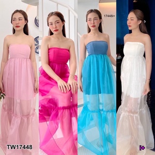 🌸💖เดรสเที่ยว ไปทะเล เดรสเกาะอกยาว มีซิปหลัง ผ้ายืดร่อง + ยางยืดรอบอก แต่งกระโปรงด้วยผ้าแก้วซีทรูระบาย