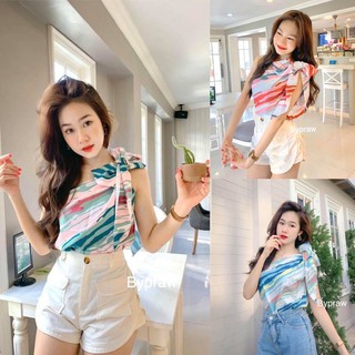 พร้อมส่ง🦋เสื้อไหล่เดียวแต่งโบว์
