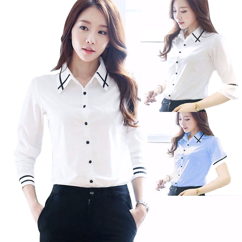 เสื้อแขนยาวสีขาว สีดําด้าน เสื้อผ้าผู้หญิงขนาดใหญ่ สํานักงาน ผู้หญิง ดู บาง