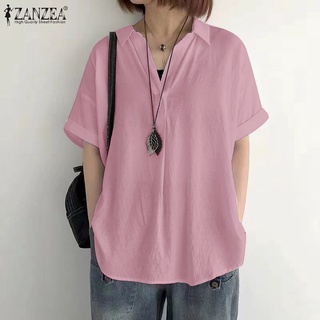 Zanzea เสื้อเชิ้ตแขนสั้นลําลอง คอปก ทรงหลวม สีพื้น สไตล์เรโทร สําหรับผู้หญิง