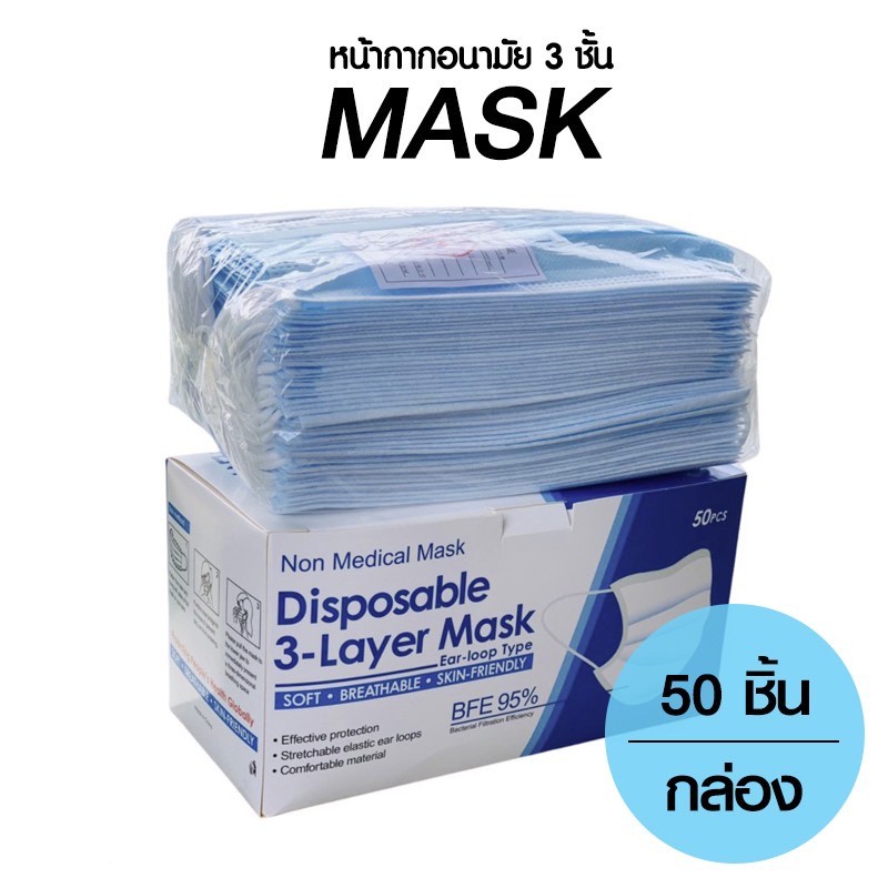 Face Mask หน้ากากอนามัย ผ้าปิดจมูกอนามัย หน้ากากอนามัย​ 3​ ชั้น​ 1​ กล่อง 50​ ชิ้น​ (พร้อมส่งในไทย)