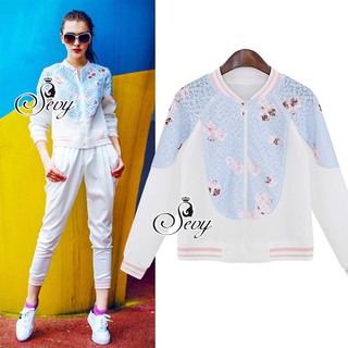 Sevy Two Pieces Of Blue Daisy Translucent Sweater With Pants Suit Sets