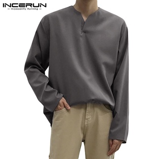 INCERUN เสื้อเชิ้ตแขนยาว คอวี ผ้าลินิน แฟชั่นสำหรับผู้ชาย