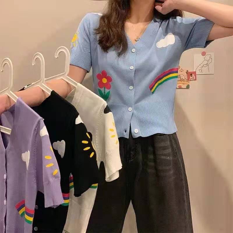 best(พร้อมส่ง/ใหม่)รุ่น#5212เสื้อสเวตเตอร์ถักไหมพรมลายเมฆใหม่ยอดนิยมคอวีหลวมและคาร์ดิแกนตัวสั้นบาง