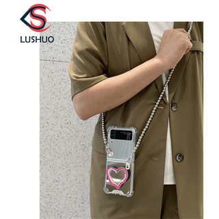 Lushuo เคสโทรศัพท์มือถือ แบบกระจกแต่งหน้า พร้อมสายโซ่คล้อง และที่ตั้งวาง สําหรับ Samsung Galaxy Z Flip 3 5G and Z Flip 4 1/2 Z Flip3 ZFlip3 ZFlip 3 Z Flip4 ZFlip 4