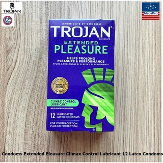 Trojan® Condoms Extended Pleasure Climax Control Lubricant 12 Latex Condoms โทรจัน ถุงยางอนามัย ขนาด 52 mm