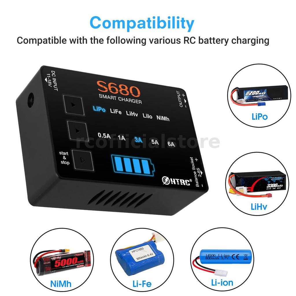 ที่ชาร์จแบตเตอรี่ HTRC S680 80W 6A AC เป็น DC Mini RC Lipo พร้อมอะแดปเตอร์ 15V6A สําหรับ 1-6s Lipo L