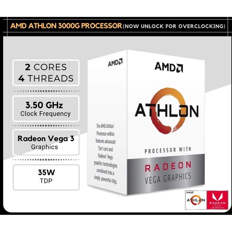 CPU (ซีพียู) AM4 AMD ATHLON 3000G 3.5 GHz , 200ge ของใหม่มือ1  Synnexประกัน3ปี มีการ์ดจอในตัว พร้อมส่ง