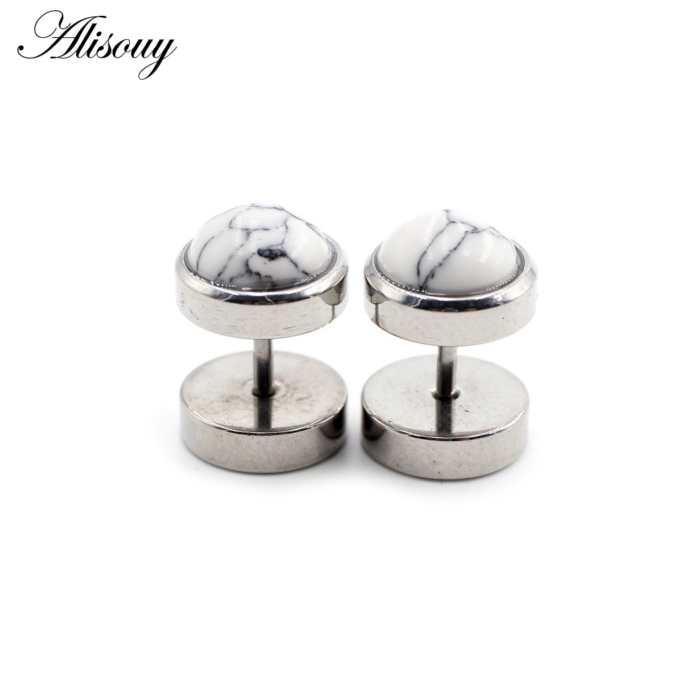 Alisouy 2 ชิ้น สเตนเลส ต่างหูพังก์ หินธรรมชาติ โอปอล ผู้ชาย ผู้หญิง บาร์เบล ดัมเบล ต่างหูกระดุม ต่างหู Tragus Helix เจาะ เครื่องประดับ